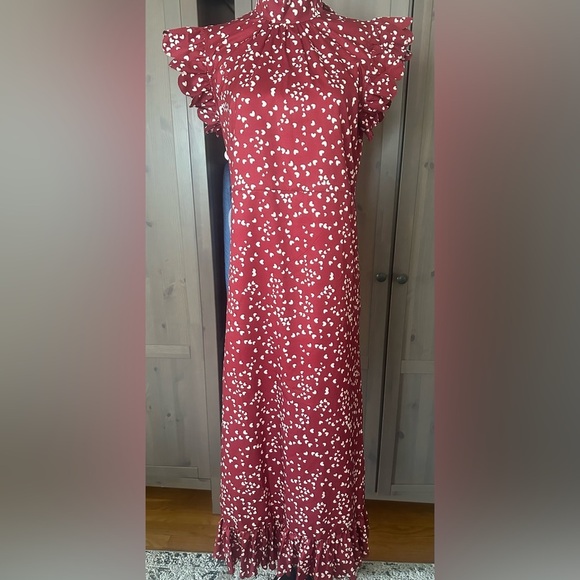 Heart print , red and white  Tiered Maxi Dress with Flutter Sleeves - Picture 2 of 12